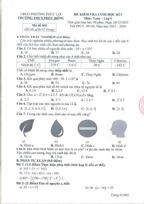 Đề cuối học kì 1 Toán 6 năm 2025 - 2026 trường THCS Phúc Đồng - Hà Nội