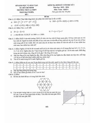 Đề cuối học kỳ 1 Toán 6 năm 2025 - 2026 trường Trần Đại Nghĩa - TP HCM
