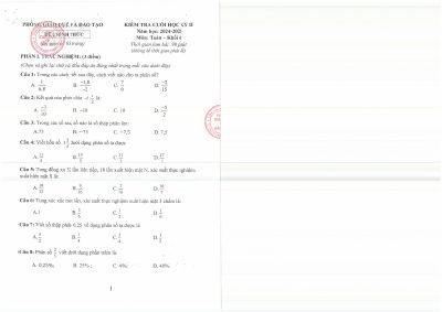 Đề cuối học kỳ 2 Toán 6 năm 2024 - 2025 phòng GDĐT Thủ Dầu Một - Bình Dương