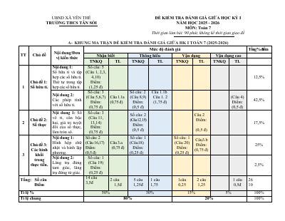 Đề giữa học kì 1 Toán 7 năm 2025 - 2026 trường THCS Tân Sỏi - Bắc Ninh