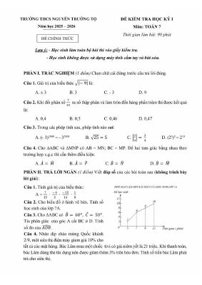 Đề học kỳ 1 Toán 7 năm 2025 - 2026 trường THCS Nguyễn Trường Tộ - Hà Nội