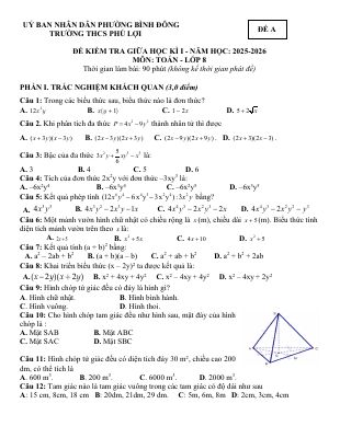 Đề giữa học kì 1 Toán 8 năm 2025 - 2026 trường THCS Phú Lợi - TP HCM
