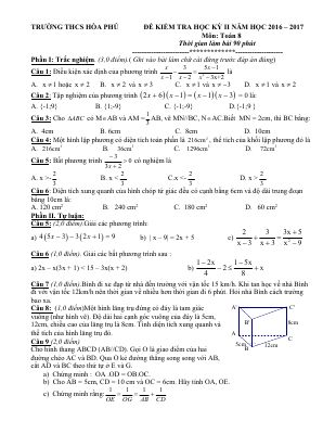 Đề thi HK2 Toán 8 năm học 2016 - 2017 trường THCS Hòa Phú - TP. HCM