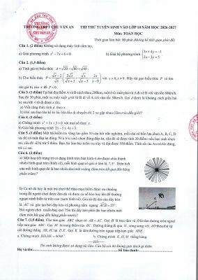 Đề thi thử Toán vào lớp 10 năm 2026 - 2027 trường THPT Chu Văn An - Thái Nguyên