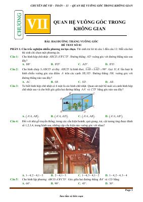 Đề kiểm tra theo bài học chủ đề quan hệ vuông góc trong không gian