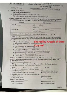 Đề thi tuyển sinh vào lớp 10 Chuyên Tiếng Anh tỉnh Sơn La năm học 2022-2023 - Ngày thi 07-06-2022 bản PDF  Mã A354829