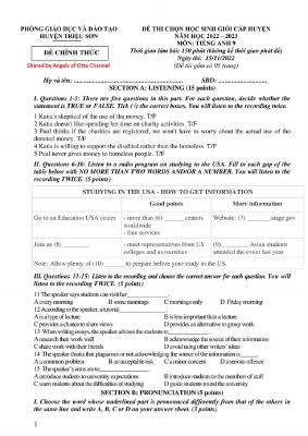 Đề thi chọn học sinh giỏi cấp huyện Triệu Sơn môn Tiếng Anh 9 năm học 2022-2023 có đáp án bản PDF Mã A794873
