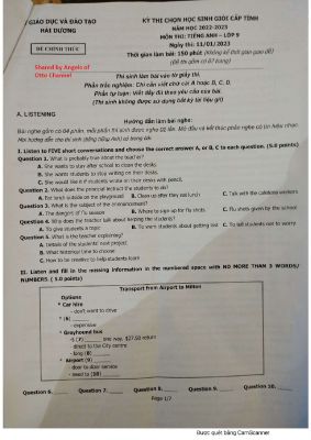 Đề thi chọn học sinh giỏi cấp tỉnh Hải Dương môn Tiếng Anh 9 THCS năm học 2022-2023 có đáp án bản PDF Mã A224965