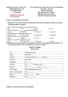 Đề thi chọn học sinh giỏi THCS cấp thành phố Hưng Yên môn Tiếng Anh 9 THCS năm học 2022-2023 bản PDF Mã A569888