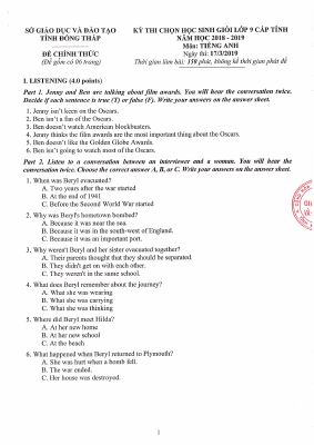 Đề thi chọn học sinh giỏi Tiếng Anh 9 tỉnh Đồng Tháp năm học 2018-2019 có đáp án Mã A339096