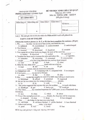 Đề thi chọn học sinh giỏi lớp 9 THCS quận Tân Bình năm học 2017-2018 không đáp án Mã A476203