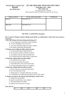 ĐỀ THI CHỌN HỌC SINH GIỎI LỚP 9 THCS NĂM HỌC 2017 - 2018 Môn Tiếng Anh TỈNH HÀ NAM CÓ ĐÁP ÁN Mã A722166