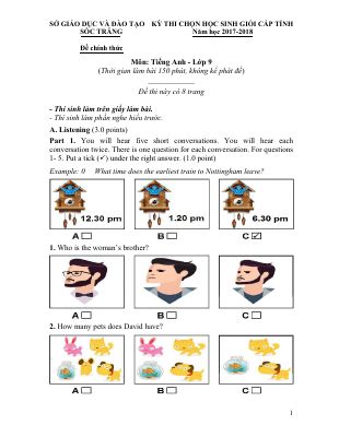 ĐỀ THI CHỌN HỌC SINH GIỎI CẤP TỈNH SÓC TRĂNG Năm học 2017-2018 Môn Tiếng Anh - Lớp 9 Mã A274006