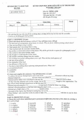 Đề thi chọn học sinh giỏi lớp 9 cấp thành phố, Hà Nội môn Tiếng Anh năm học 2016-2017 Mã A187137