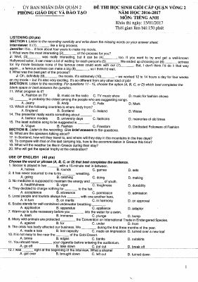 Đề thi học sinh giỏi cấp quận vòng 2 năm học 2016-2017 môn Tiếng Anh (Quận 2- TP Hồ Chí Minh) Mã A847500