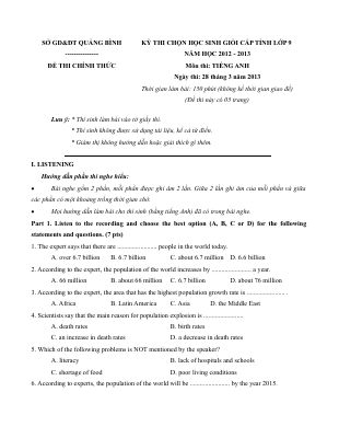 Đề thi chọn học sinh giỏi cấp tỉnh lớp 9 Quảng Bình năm học 2012-2913 môn Tiếng Anh có đáp án Mã A448142