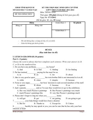 ĐỀ THI CHỌN HỌC SINH GIỎI CẤP TỈNH LỚP 9 THCS Môn TIẾNG ANH NĂM HỌC 2011-2012 TỈNH KONTUM  Mã A973979