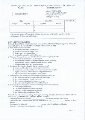 Đề thi chọn HSG Tiếng Anh 9 TP Hà Nội năm học 2020-2021 Mã A728315