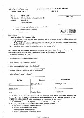 Đề thi chọn học sinh giỏi Quốc gia môn Tiếng Anh năm học 2014 - 2015