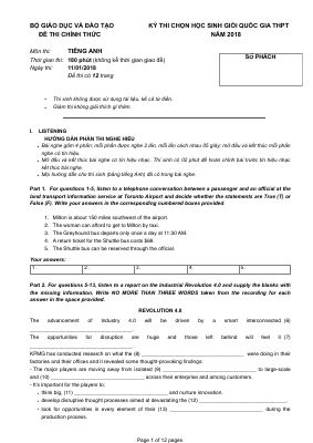 Đề thi chọn học sinh giỏi Quốc gia môn Tiếng Anh năm học 2018 - 2019