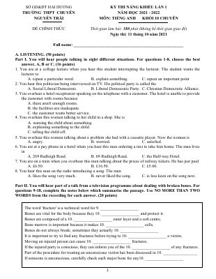 KỲ THI NĂNG KHIẾU LẦN 1 NĂM HOC 2021 - 2022 MÔN TIẾNG ANH KHỐI 10 CHUYÊN TRƯỜNG THPT CHUYÊN NGUYỄN TRÃI - HẢI DƯƠNG CÓ ĐÁP ÁN Mã A714856