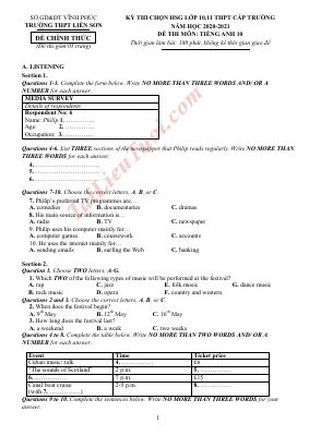 ĐỀ THI CHỌN HSG LỚP 10,11 THPT CẤP TRƯỜNG NĂM HỌC 2020-2021 ĐỀ THI MÔN TIẾNG ANH 10, TRƯỜNG THPT LIỄN SƠN, VĨNH PHÚC Mã A412866