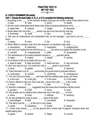 Đề luyện đội tuyển tỉnh môn Tiếng Anh 10 -Practice test 01 BN Y167 10A2 không có đáp án  Mã A238325
