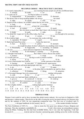 Đề luyện đội tuyển HSG Tiếng Anh 10 - TRƯỜNG THPT CHUYÊN THÁI NGUYÊN MULTIPLE CHOICE PRACTICE TEST 1 (3032014) Mã A959341