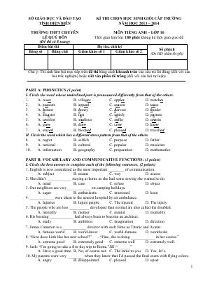 ĐỀ THI CHỌN HỌC SINH GIỎI CẤP TRƯỜNG NĂM HỌC 2013  2014 MÔN TIẾNG ANH  LỚP 10 TRƯỜNG THPT CHUYÊN LÊ QUÝ ĐÔN TỈNH ĐIỆN BIÊN Mã A975290