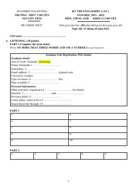 KỲ THI NĂNG KHIẾU LẦN 1 NĂM HOC 2021 - 2022 MÔN TIẾNG ANH KHỐI 11 CHUYÊN TRƯỜNG THPT CHUYÊN NGUYỄN TRÃI - HẢI DƯƠNG  Mã A280806