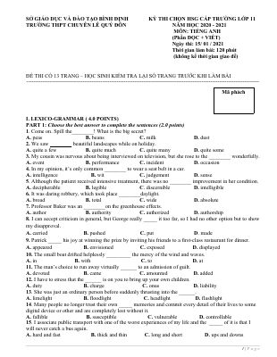 KỲ THI CHỌN HSG CẤP TRƯỜNG LỚP 11 TRƯỜNG THPT CHUYÊN LÊ QUÝ ĐÔN NĂM HỌC 2020 - 2021 MÔN TIẾNG ANH CÓ ĐÁP ÁN Mã A958530