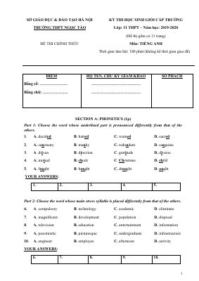 ĐỀ THI HỌC SINH GIỎI CẤP TRƯỜNG Lớp 11 THPT  Năm học 2019-2020 Môn TIẾNG ANH - TRƯỜNG THPT NGỌC TẢO - HÀ NỘI Mã A555393