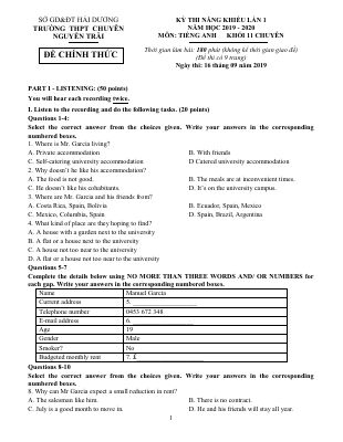 KỲ THI NĂNG KHIẾU LẦN 1 NĂM HOC 2019 - 2020 MÔN TIẾNG ANH KHỐI 11 CHUYÊN TRƯỜNG THPT CHUYÊN NGUYỄN TRÃI - HẢI DƯƠNG Mã A863472