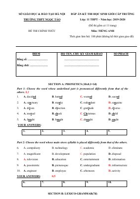 ĐỀ THI CHỌN HỌC SINH GIỎI CẤP TRƯỜNG Lớp 11 THPT  Năm học 2019-2020 Môn TIẾNG ANH TRƯỜNG THPT NGỌC TẢO - HÀ NỘI CÓ ĐÁP ÁN Mã A364795