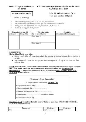 Đề thi chọn học sinh giỏi lớp 11 THPT tỉnh Hà Tĩnh năm học 2016-2017 môn Tiếng Anh không đáp án Mã A541450