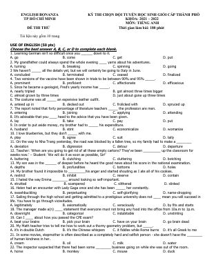 ENGLISH BONANZA KỲ THI CHỌN ĐỘI TUYỂN HỌC SINH GIỎI CẤP THÀNH PHỐ TP HỒ CHÍ MINH KHÓA 2021  2022 Mã A655455