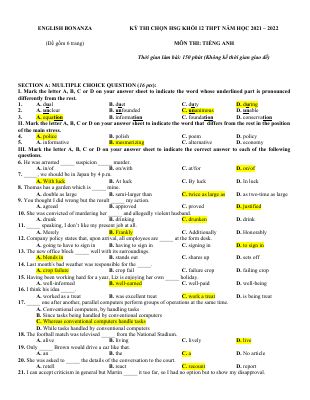 ENGLISH BONANZA (Đê gôm 6 trang) KY THI CHON HSG KHÔI 12 THPT NĂM HOC 2021  2022 MÔN THI TIÊNG ANH CÓ ĐÁP ÁN Mã A155357