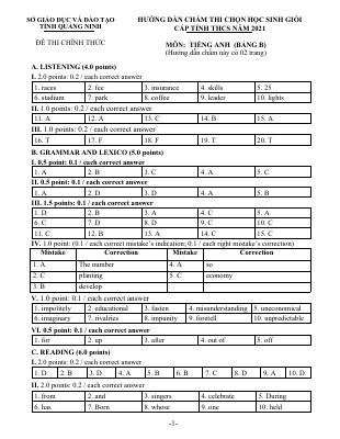 HƯỚNG DẪN CHẤM THI CHỌN HỌC SINH GIỎI CẤP TỈNH THCS TỈNH QUẢNG NINH  môn Tiếng Anh NĂM 2021 MÔN TIẾNG ANH (BANG B) Mã A385486