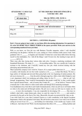 Đề thi chọn học sinh giỏi lớp 12 THPT tỉnh Nghệ An  môn Tiếng Anh năm học 2021-2022 có đáp án Mã A848577