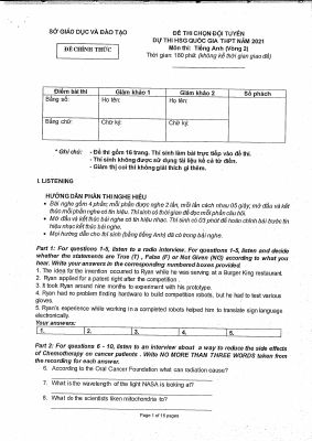 ĐỀ THI CHỌN ĐỘI TUYỂN DỰ THI HỌC SINH GIỎI QUỐC GIA NĂM 2021 môn Tiếng Anh Vòng 2  Mã A460855