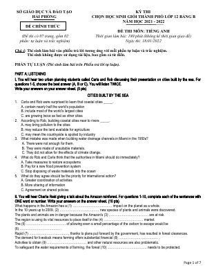 Đề thi chọn học sinh giỏi lớp 12 THPT Hải Phòng năm học 2021-2022 BẢNG B  môn Tiếng Anh  không đáp án Mã A954545