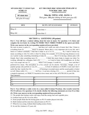 Đề thi chọn học sinh giỏi lớp 12 THPT tỉnh Nghệ An năm học 2020-2021 môn Tiếng Anh - Bảng A Mã A496053