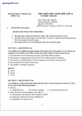 Đề thi chọn học sinh giỏi lớp 12 THPT tỉnh Đồng Nai năm học 2020-2021 không đáp án Mã A209826