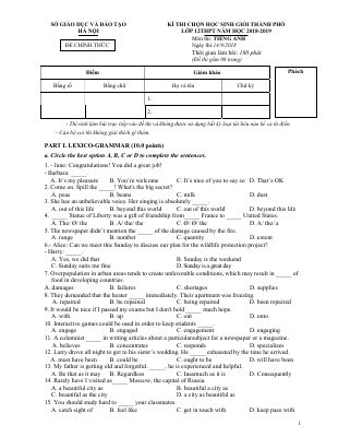 Đề thi chọn học sinh giỏi lớp 12 THPT Hà Nội môn Tiếng Anh năm học 2018-2019 không đáp án Mã A848749