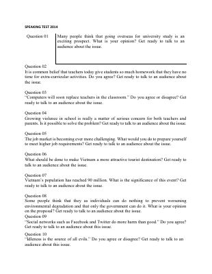 SPEAKING TEST Trích đề thi chọn học sinh giỏi Quốc gia THPT môn Tiếng Anh năm 2014 Mã A849645