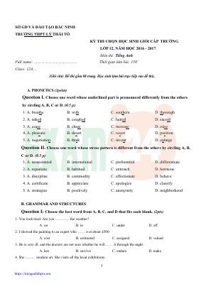 KỲ THI CHỌN HỌC SINH GIỎI CẤP TRƯỜNG LỚP 12,  môn Tiếng Anh  NĂM HỌC 2016 - 2017 - TRƯỜNG THPT LÝ THÁI TỔ - BẮC NINH Mã A995858