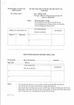 Đề thi chọn đội tuyển dự thi Học sinh giỏi quốc gia THPT năm 2016 môn Tiếng Anh tỉnh Kiên Giang có đáp án Mã A549950