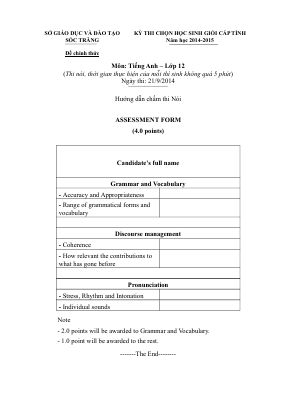 ĐỀ THI CHỌN HỌC SINH GIỎI CẤP TỈNH SÓC TRĂNG Năm học 2014-2015 có đáp án (Speaking topics) Mã A741775