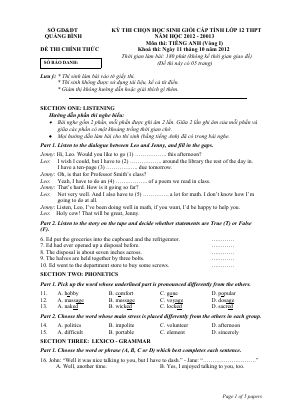 KỲ THI CHỌN HỌC SINH GIỎI CẤP TỈNH LỚP 12 THPT QUẢNG BÌNH NĂM HỌC 2012 - 2013 Môn thi TIẾNG ANH (Vòng I) Mã A898768