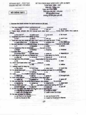 Đề thi chọn đội tuyển học sinh giỏi THPT Vòng 1 TP Hồ Chí Minh  môn Tiếng Anh năm 2006-2007 Mã A252571
